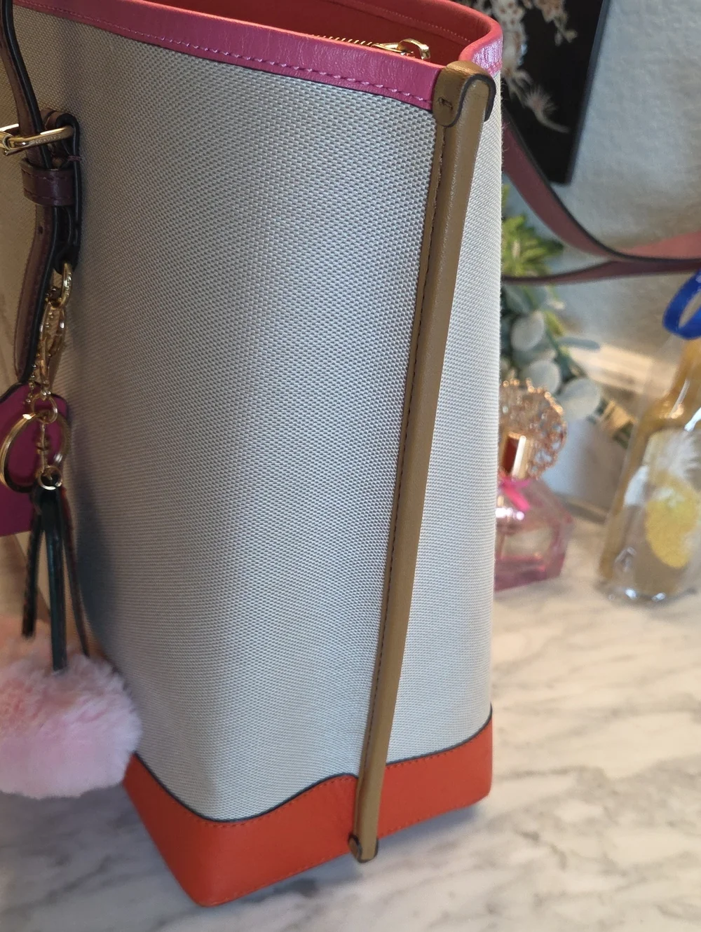 EUC 2021 Coach Molly Canvas Tote with Pink Trim and Burgundy Straps & Card Case